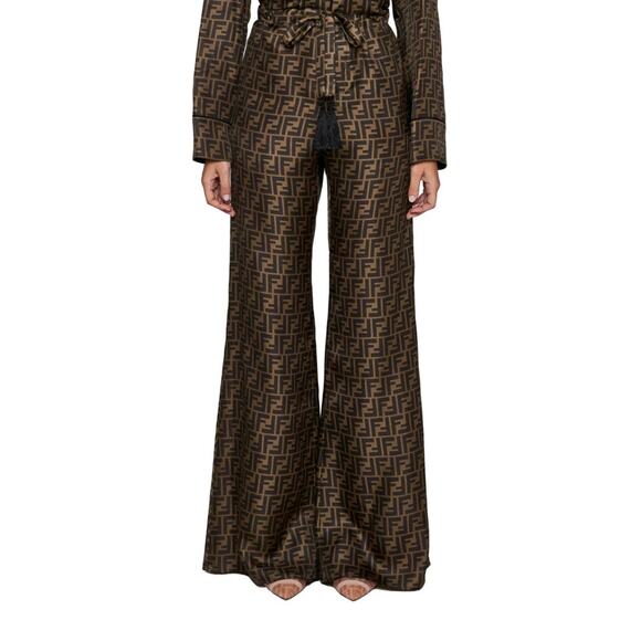 Fendi FF Twill Silk Flared Wide Leg Logo Monogram Tassel Tie Pants 40 - Picture 1 of 12